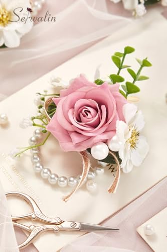 Serwalin 6 PCS Pink Rose Wrist Corsage for Wedding, Corsage for Prom Homecoming Party Corsage Hand Decor for Bride Bridesmaids, Mother of Bride and Groom - color: Pink, size: Corsage 6pcs