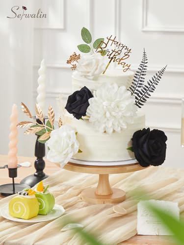 Serwalin Black Artificial Flowers, White Roses Silk Fake Flowers for DIY Wedding Bridal Bouquets, Wedding Cake Flowers for Table Centerpieces Baby Shower Birthday Party Home Decorations - color: Black & White, size: Square