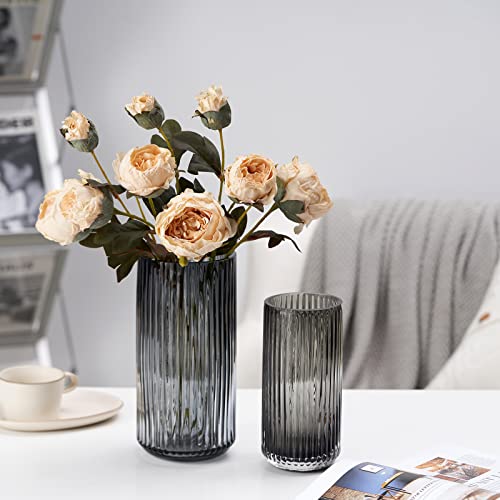 TIMEFOTO Flower Vase 10 inch Grey Thickened Hand Blow Glass Vase Round Vintage Striped Bottles for Bookshelf,Dinner Table,Indoor Office Desktop,Meeting Room,Bathroom,Countertop,Home - color: Glass Gray, size: 9.5 inch