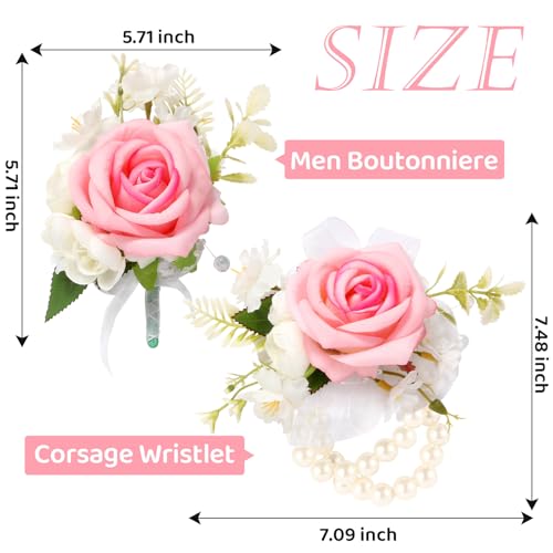 Wrist Corsage and Boutonniere Set, Artificial Rose Corsage Wristlet and Boutonniere for Wedding Prom Party (Pink 1 Boutonniere&1 Wrist Corsage) - color: Pink 1 Boutonniere&1 Wrist Corsage