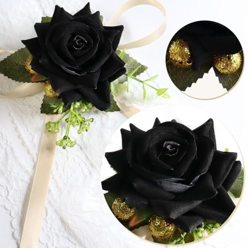 Wrist Corsage for Women Girl Artificial Black Rose Silk Flowers Wristlet Corsage for Wedding Anniversary Prom Formal Dinner Party Decoration Black Rose Corsage - color: Black Rose Corsage