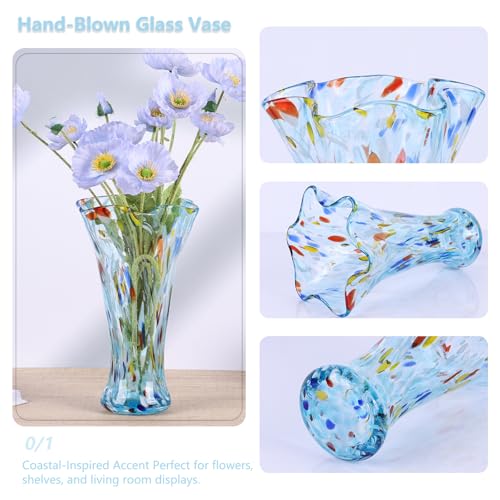 9.0" H Aqua Glass Vases for Flowers, Unique Hand Blown Glass Vase Aqua Home Decor, Wide Mouth Colorful Flower Vase Centerpieces, for Living Room Table Bookshelf, Bathroom Office Shelf Decorative - color: Aqua