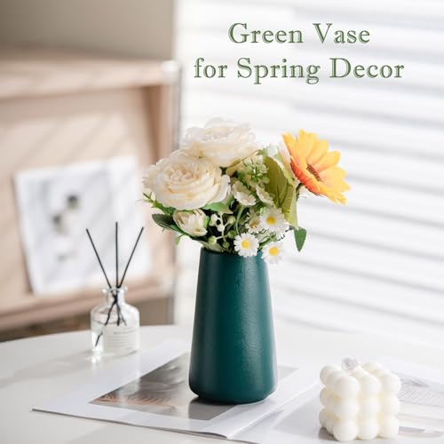 Green Vase - 6" Green Ceramic Flower Vase for Home Decor, Minimalism Farmhouse Style for Vintage Table/Shelf Centerpieces, Fireplace Bedroom Kitchen Living Room Office Decorative - color: Green, size: Small