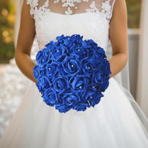 Jasion 12PCS Artificial Roses Realistic Velvet Silk Flowers Long Stem Faux Flowers Bouquet for Wedding Home Party Table Centerpieces Decorations (Blue) - color: 12pcs Blue