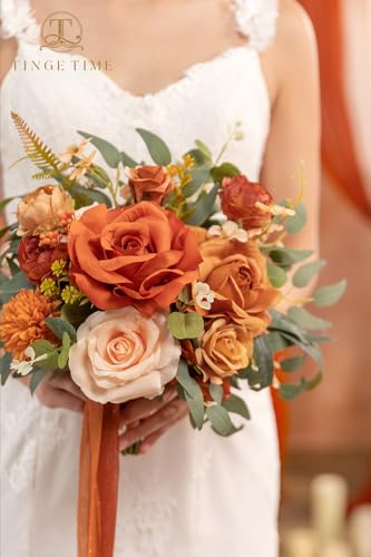 TINGE TIME Wedding Bouquets for Bride, 9 Inch Handcrafted Silk Bridal Flowers Bouquets for Fall Wedding Ceremony, Gift for Bridesmaid, Bouquet for Party Church Decoration (Brunt Orange) - color: Terracotta