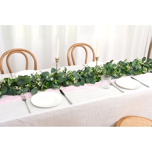 Eucalyptus Garland, 2 Packs 5.9FT Greenery Garland with Gypsophila Flowers Artificial Faux Silver Dollar Eucalyptus Leaves Fake Vines for Indoor Outdoor Table Mantle Home Party Wedding Decor - color: Style-03, size: 2PCS