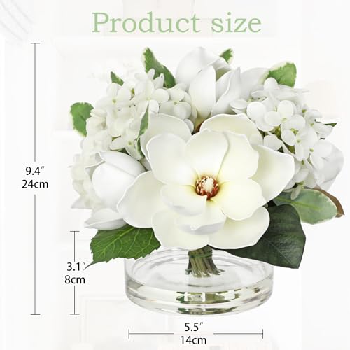 Briful Artificial Magnolia and Hydrangea Flower Arrangement in Glass Vase 9.4" Realistic White Silk Fake Flower with Faux Water Fake Floral Centerpieces for Home Room Office Table Shelf Décor - color: White