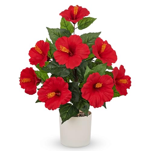Briful Artificial Hibiscus Potted Plant 20.8” Tall, Realistic Silk Hibiscus Flowers Farmhouse Table Decor, Faux Tropical Flower Plant in Pot for Living Room Table, Entryway, Office, Home Decor, Red - color: 20.8'' Red