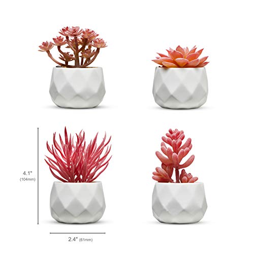 Nordik Set of 4 Desk Plants - Office Decor for Women Desk, Indoor, Living Room, Bedroom, Home and Desk Decor – Pink Faux Succulents in white Geometric Ceramic Planters - color: Ceramic White