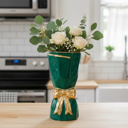 Green Ceramic Vases Home Decor, Tall Modern Vase for Pampas Grass,11 Inch Bow Flower Vase for Console Table, Entryway, Mantle Decor, Fireplace Decorations for Living Room - color: Dark Green, size: 11 inch