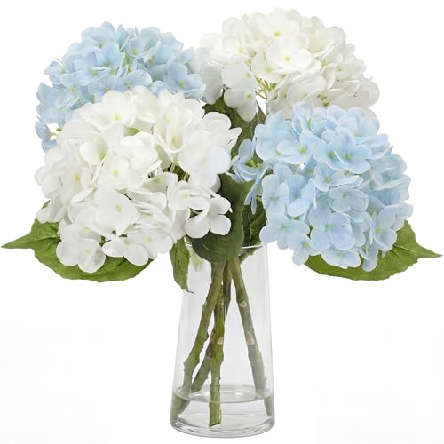 XunYee 4 Pcs Hydrangea Artificial Flowers 20 Inch Blue and White Faux Hydrangea Flowers with Long Stem Realistic Fake Hydrangeas Arrangements Wedding Bouquet Table Centerpieces Home Indoor Decor - color: White, Blue