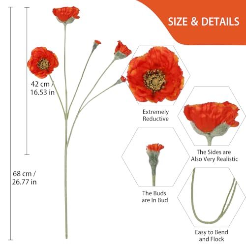 6PCS Orange Poppy Flowers Artificial 30 Heads 26.77in Faux Poppy Flowers Silk Flowers with Long Flocking Stems Flowers for Wedding Party Home Office Decoration(Orange) - color: Orange Red