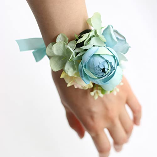Corsage and Boutonniere Set, Handmade Artificial Peony Rose Wrist Corsage Wristlet and Groom Boutonniere for Men Wedding Prom Suit Decorations (Blue) - color: Blue