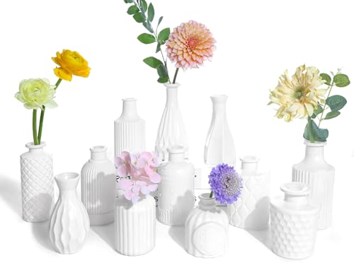 UPBUD White Glass Bud Vases Set of 12, Small Vases for Flowers, Mini Flower Vases in Bulk for Wedding Decoration, Vintage Vase for Baby Shower Centerpieces, Home Décor - color: White, size: 12pcs