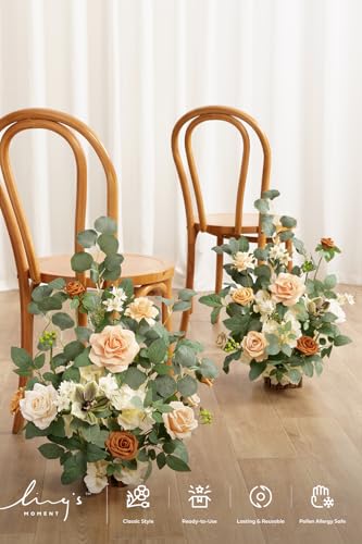 Ling's moment 17.5" Tall Standing Artificial Flowers Arrangements 2 pcs Wedding Aisle Runner Chair Decorations Apricot & Soft Peach Centerpieces for Ceremony Reception Rose Floral Party Outdoor - color: Apricot & Soft Peach