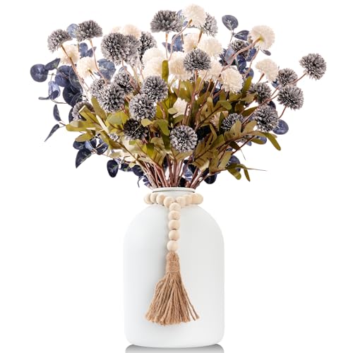 20''H Fake Flowers in Large Vase for Centerpiece Table Decorations with 10Pcs Fake Mums Flowers Eucalyptus Stems Faux Pompon Kiku Flowers Arrangement for Home Decor (Blue/White Vase) - color: Blue/White Vase