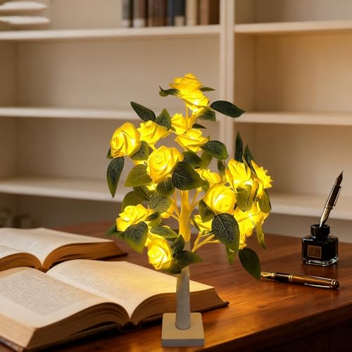 Rose Tree Lamp，Rose Flower Night Light, Led Tabletop Pink Tree Lights, Lower Lamp Girls Gift for Mother’S Day, Lighted Tabletop Tree for Christmas Wedding Decor Valentine’S Day - style: White+Yellow Rose