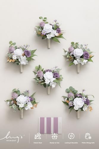 Ling's moment Artificial Bridesmaid Bouquets Set of 6 Purple Wedding Flower Bouquets White Rose Floral Bouquet Lilac Bridal Bouquets with Ribbon Ceremony,Anniversary,7-inch Diameter - color: Pr-lilac & Cream