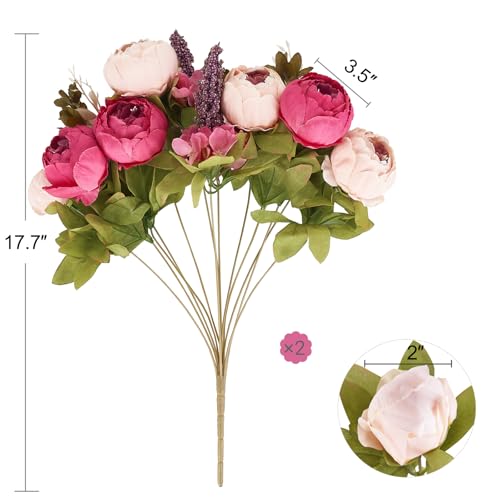 Mkono Peonies Artificial Flowers, 2 Packs 13 Stems Faux Peony Flowers Real Touch Fake Silk Bouquet for Arrangements Dining Table Centerpieces for Kitchen Bridal Wedding Party (2, Dark Pink) - color: Dark Pink