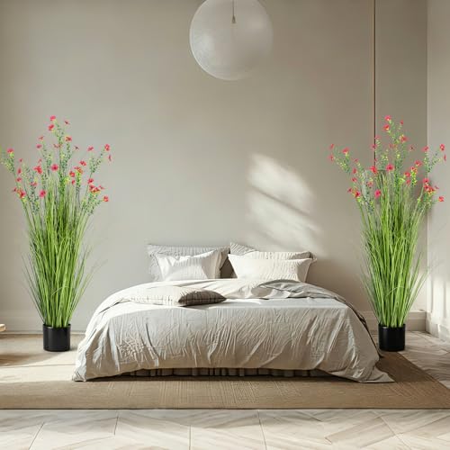 Jexine 2 Pack 4ft/47inch Artificial Grass Plant Outdoor Artificial Greenery Grass in Pot with Fake Fuchsia Flowers for Spring Room Office Indoor Outdoor Decor Housewarming Gifts - color: Red Fuchsia, size: 4ft