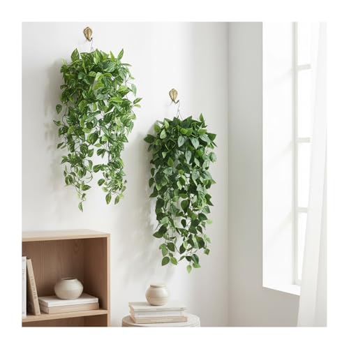35.5" Artificial Pothos Ivy Plants Set of 2 with Pots, Fake Hanging Greenery Silk Leaves for Home Decor, Realistic Faux Plants for Shelf Tabletop Office, No Maintenance Needed (Light & Dark Green)