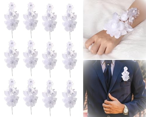 Set of 12 Artificial Silk Organza Craft Rose Flower, 12 Corsage Wristlet, 12 Pin Back DIY Boutonnieres for Wedding, Bridesmaids, Groomsmen, Quinceanera, Prom, Sweet 16 (White) - color: White