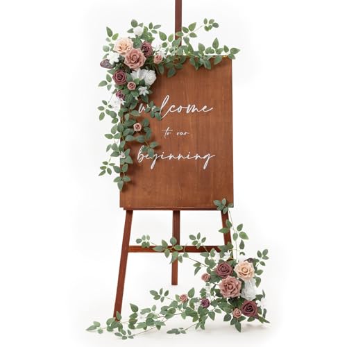 Ling's moment 2pcs Wedding Flowers Garland Artificial Floral Swag Arch Decorations Greenery Arrangements Dusty Rose Mauve Ceremony Reception Garden Easel Wall Entryway Outdoor Board(NOT Include Sign) - color: Dusty Rose & Mauve
