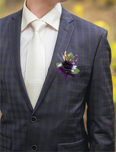 Marriwise 6pcs Rose Boutonniere for Men, Artificial Flowers Wedding Groom Groomsmen Boutonniere for Wedding/Anniversary/Prom/Rustic Wedding/Homecoming (Dark Purple) - color: Dark Purple