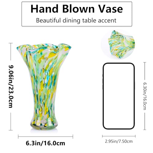 9.0"H Green Glass Vases for Flowers, Unique Hand Blown Glass Vase Green Gold Home Decor, Wide Mouth Colorful Flower Vase Centerpieces, For Living Room Table Bookshelf, Bathroom Office Shelf Decorative - color: Green