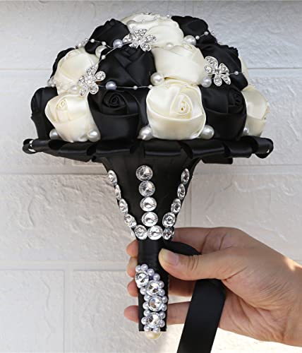 Sharebeauty 7.1 Inch Handmade Satin Rose Bridal Bouquet Toss Round Wedding Bouquet Throw Toss Artificial Flower Bunch Ivory + Black - color: W224 Ivory/Black, size: 7.1"/18cm