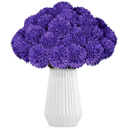 36 Pcs Purple Artificial Chrysanthemums Flowers Fake Mums Silk Vintage Ball Flower for Home Decor Indoor Floral Arrangement Table Centerpiece - color: Purple