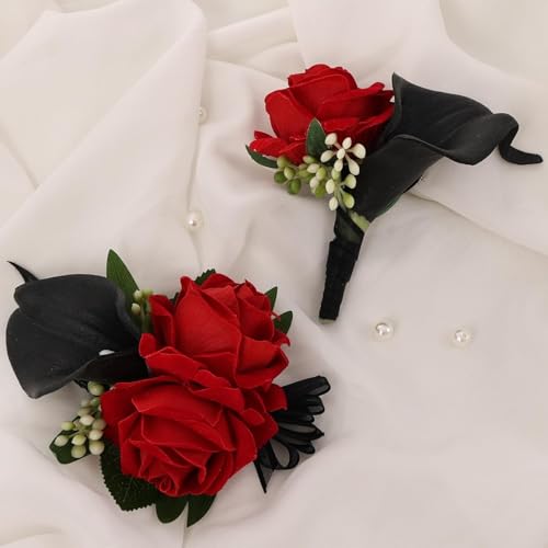 Red Rose Wrist Corsage Wristlet Band Bracelet and Men Boutonniere Set with Black Calla Lily for Wedding Flower Accessories Prom Suit Decorations