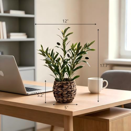 17.7" Small Boho Artificial Olive Plant, Faux Greenery in Brown Handwoven Rattan Basket, Ideal for Office Desk Kitchen Shelf Home Decor - color: Olive