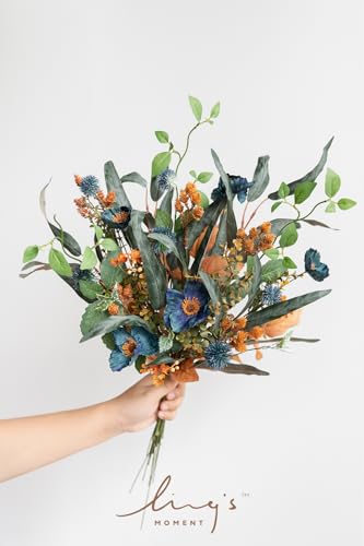 Ling's moment Artificial Greenery Stems Box Set, 41pcs with 8 Kinds of Faux Greenery Picks for DIY Bridal Bouquets Wedding Floral Arrangement Table Centerpieces, Teal & Burnt Orange - color: Or-teal & Burnt Orange
