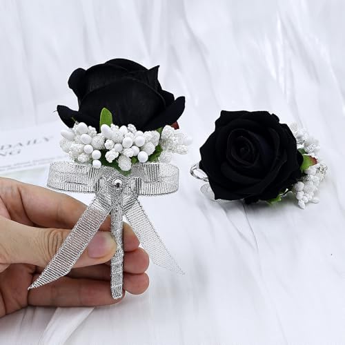 2Pcs Rose Black Corsage and Boutonniere Set, Artificial Wrist Corsage Wristlet Bracelets, Men Boutonniere for Wedding Anniversary Party Homecoming Flowers Accessories Prom Decor - color: Navy Blue