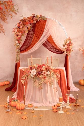 TINGE TIME Wedding Arch Flowers Kit - Deluxe 5pcs Artificial Floral Swag with 3 Sheer Drapes, Realistic Silk Flower Arrangements for Fall Wedding Ceremony Arbor Backdrop Reception Party Home Decor - color: Maplered