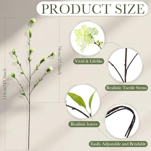 4 Pcs Artificial Plants Flowers 43" Faux Greenery Long Stem Branches for Vase Realistic Silk Fake Snowball Viburnum Artificial Hydrangea Flowers for Tall Vase Home Table Decor(Green) - color: Green