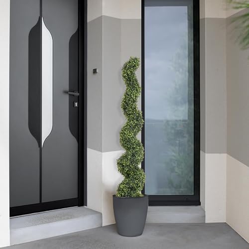 5ft Artificial Spiral Topiary Trees Outdoor Set of 2 – Faux Boxwood Bushes Shrubs, Fake Potted Plants for Front Porch Planter Indoor Outside Decor, UV Resistant 5 Foot - color: Light Green, size: 5ft