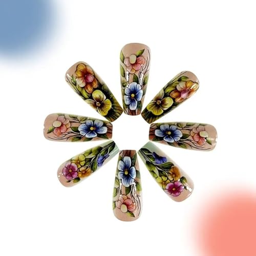 Flower Press on Nails Medium Square Fake Nails Colorful False Nails with Floral Designs Flowers Glossy Stick on Nails Full Cover Glue on Nails Spring Acrylic Nails for Women Girls 24 Pcs - color: Flower Square32