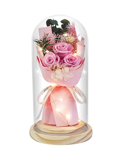 HVY Preserved Flowers Gifts for Her,Preserved Rose Bouquet in Glass Dome,Forever Flowers Fresh Bouquet Present for Women Mothers Day Birthday Gifts for Mom Wife Grandma,Pink Real Rose - color: Pink Rose