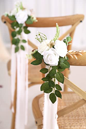 Wedding Aisle Decorations for Wedding Ceremony Set of 10 Pew Flowers for Church Chair Decorations Party Decor with Artificial Flowers Eucalyptus and Ribbons White - color: White