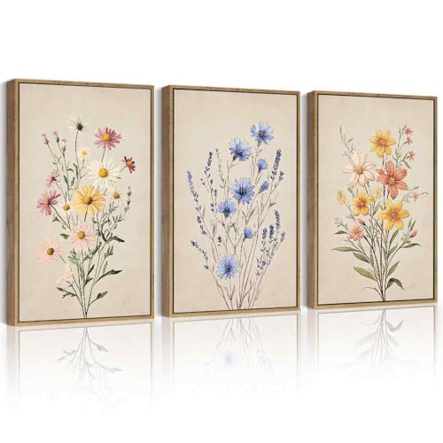 PHOPAGO Vintage Wildflower Bouquet Framed Wall Art Large 16x24in Botanical Flower Wall Decor Modern Colorful Floral Living Room Bedroom Hanging Decor - Natural Framed - color: Multicolour Floral, size: 24L" x 16W" x 3 Pcs Natural