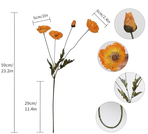 IPOPU Silk Poppies - 6pcs Realistic Orange Flowers for Wedding & Party Decorations - color: Orange