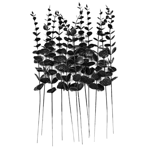 Eucalyptus Stems 12 PCS Artificial Leaves Home Office House Table Decor Wedding Bouquet Ceremony Party Flower Decoration Vase Forever Live Never Fade - color: Black