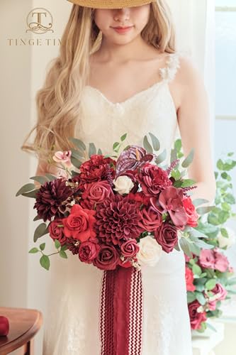 TINGE TIME 11 Inch Wedding Bouquets for Bride, Burgundy Artificial Flowers Bouquet, Brides & Bridesmaids Bouquet Tossing Bouquet for Wedding Anniversary Ceremony Bridal Shower Decorations - color: Burgundy Red