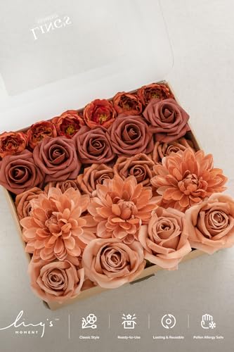 Ling's moment Artificial Flowers Fake Silk Dahlia Faux Foam Roses Combo for DIY Wedding Bouquets Centerpieces Arrangements Bridal Shower Party Home Decorations, Amber & Terracotta, 23pcs - color: Or-amber & Terracotta