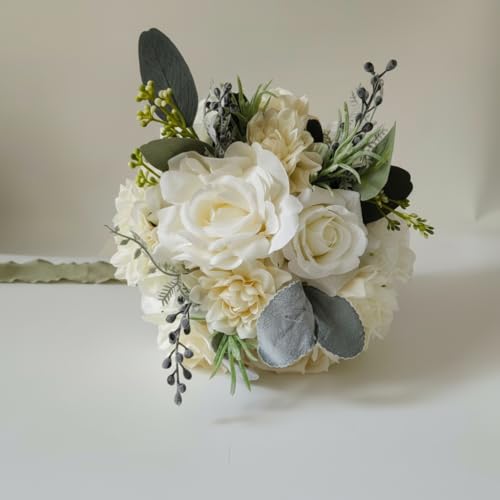 Wedding Bouquets for Bride, Ivory White Bridal Bouquet | Realistic Silk Rose for Rustic Boho Church Ceremony, Proposal, Thanksgiving, Wedding Decor - color: Ivory White