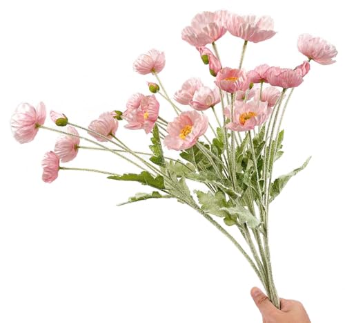 Set of 6 Poppies Flowers Artificial Silk Flowers with Long Stems Faux Wildflowers Bouquet for Vases Oil Pastel Style for Wedding Party Indoor Home Office Decor (Opal Pink) - color: Opal Pink