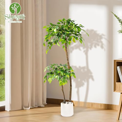 4FT Artificial Ficus Tree with White Planter and Pebbles,Faux Silk Tree with Lifelike Leaves and Realistic Trunk,Tall Fake Potted Plant for Home and Office Décor Indoor and Outdoor (4FT) - size: 4ft