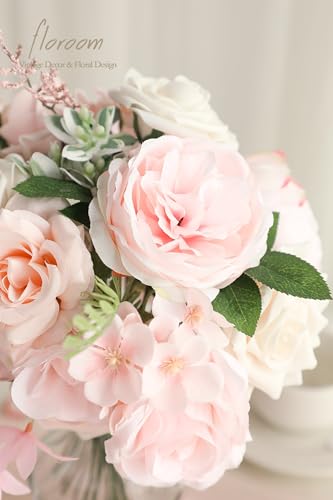 Floroom Cream Blush Artificial Flowers Fake Roses Peonies and Greenery Combo Box Set for DIY Pink Wedding Bouquets Bridal Shower Centerpieces Floral Arrangements Party Tables Home Decorations - color: Creamy Pink
